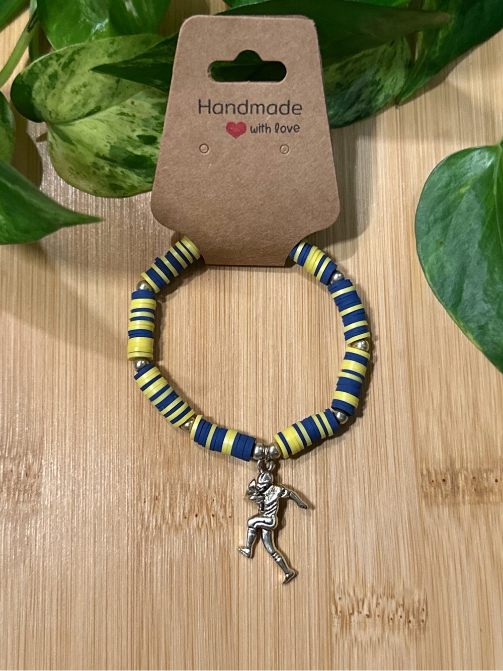 🏈✨‎ Football Stretchy Beaded Bracelet | Handmade | Silver Football Dangle Charm